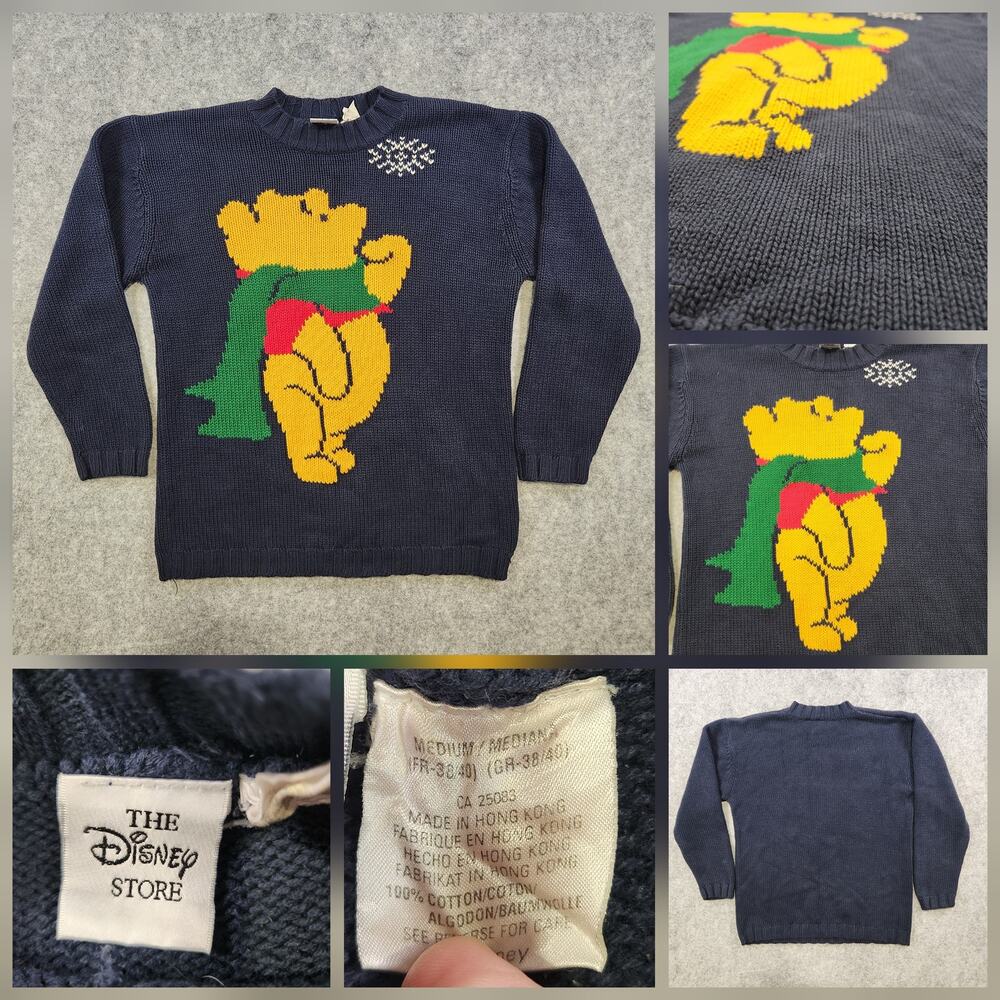 Vintage‎ Disney Store Sweater Mens Medium Navy Winnie the Pooh Cotton Knit 90s